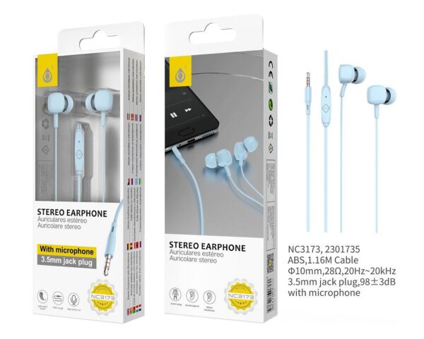 Auriculares con Cable NC3173 AZ Auriculares con Microfono de alta calidad Namdi,Boton Multifuncion y Control Volumen, Longitud  1.16M,Azul