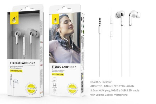 Auriculares con Cable NC3157 BL Auriculares con Microfono LIA ,Con Boton Multifuncion y Control de Volumen, Longitud  1.2M,Blanco