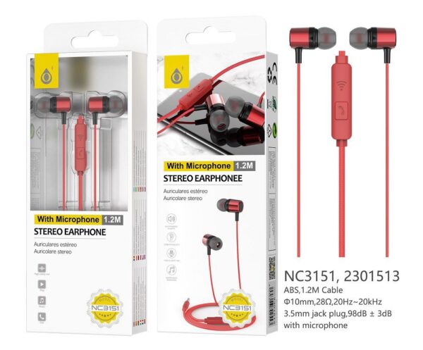 Auriculares con Cable NC3151 RJ Auriculares Ring con Microfono y Boton multifunciones, Longitud 1,2M, Rojo
