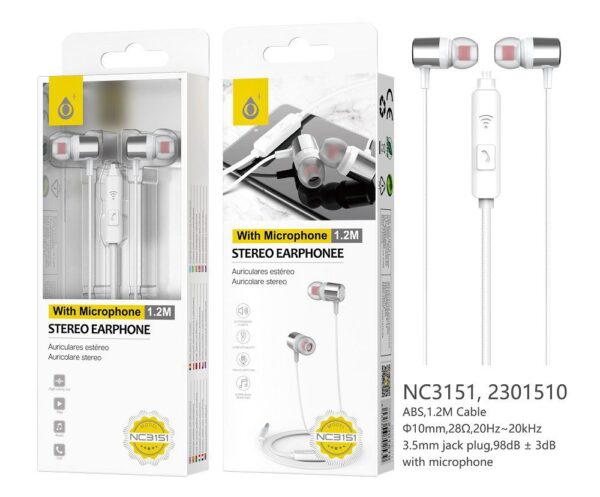 Auriculares con Cable NC3151 PL Auriculares Ring con Microfono y Boton multifunciones, Longitud 1,2M, Plata