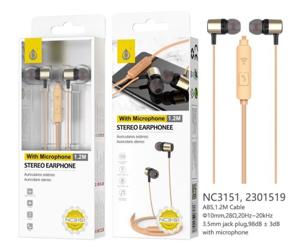 Auriculares con Cable NC3151 OR Auriculares Ring con Microfono y Boton multifunciones, Longitud 1,2M, Oro
