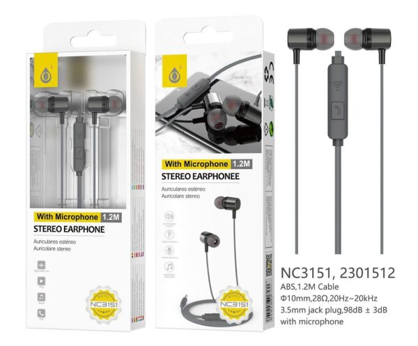 Auriculares con Cable NC3151 NE Auriculares Ring con Microfono y Boton multifunciones, Longitud 1,2M, Negro