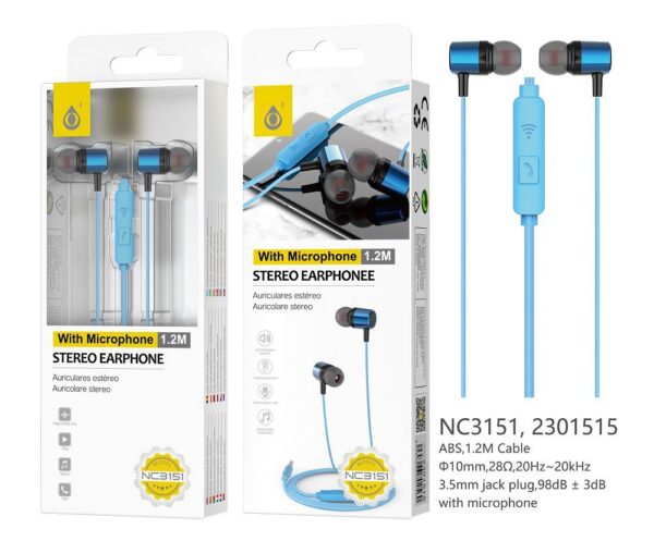Auriculares con Cable NC3151 AZ Auriculares Ring con Microfono y Boton multifunciones, Longitud 1,2M, Azul