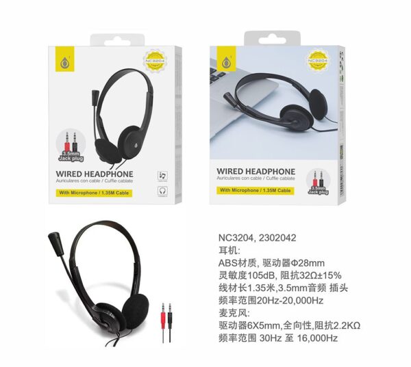 Auriculares Cascos con Cable NC3204 NE  Auriculares Cascos con Cable  Protector de es 1,35M y Microfono, 3.5mm Jack Plug,