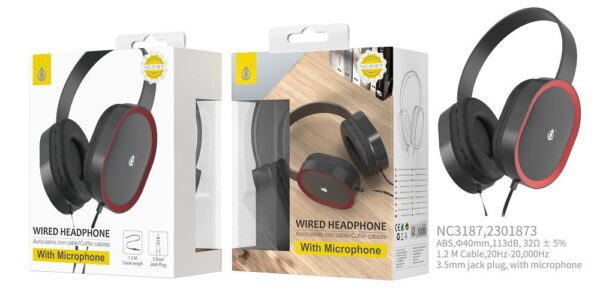Auriculares Cascos con Cable NC3187 RJ Auriculares Casco Vage con Cable  y Microfono, 3.5mm Jack Plug, Diseno Ajustable, Diametro 40mm, 1.2M, Rojo