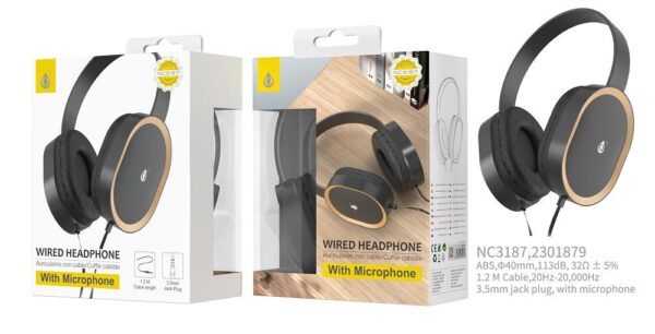 Auriculares Cascos con Cable NC3187 OR Auriculares Casco Vage con Cable  y Microfono, 3.5mm Jack Plug, Diseno Ajustable, Diametro 40mm, 1.2M, Oro