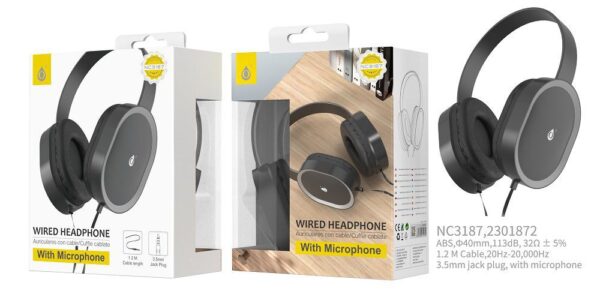 Auriculares Cascos con Cable NC3187 NE Auriculares Casco Vage con Cable  y Microfono, 3.5mm Jack Plug, Diseno Ajustable, Diametro 40mm, 1.2M, Negro