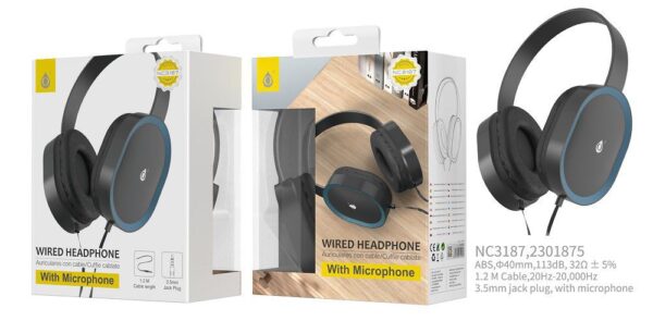 Auriculares Cascos con Cable NC3187 AZ Auriculares Casco Vage con Cable  y Microfono, 3.5mm Jack Plug, Diseno Ajustable, Diametro 40mm, 1.2M, Azul