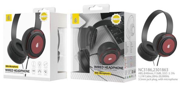 Auriculares Cascos con Cable NC3186 RJ Auriculares Casco Travi con Cable  y Microfono, 3.5mm Jack Plug, Diseno Ajustable, Diametro 44mm, 1.2M, Rojo