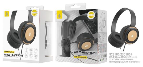 Auriculares Cascos con Cable NC3186 OR Auriculares Casco Travi con Cable  y Microfono, 3.5mm Jack Plug, Diseno Ajustable, Diametro 44mm, 1.2M, Oro