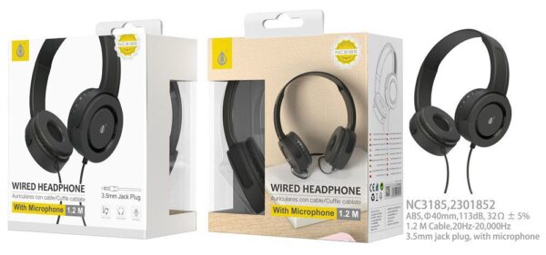 Auriculares Cascos con Cable NC3185 NE Auriculares Cascos Pring con Cable 1,2M y Microfono, 3.5mm Jack Plug, Negro