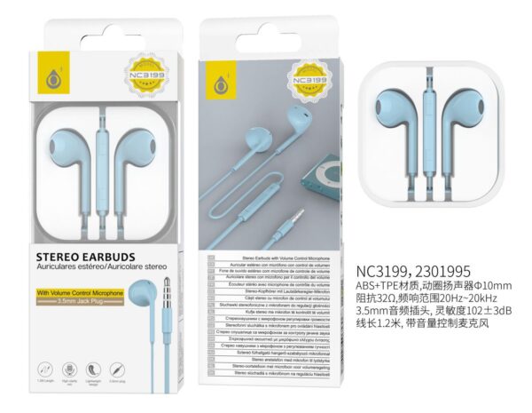 Auriculares con Cable NC3199 AZ  Auricular  Cajon con Microfono y  Boton multifuncion  1.2m, Azul