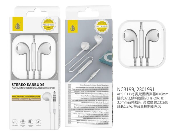 Auriculares con Cable NC3199 BL  Auricular Cajon con Microfono y  Boton multifuncion  1.2m, Blanco