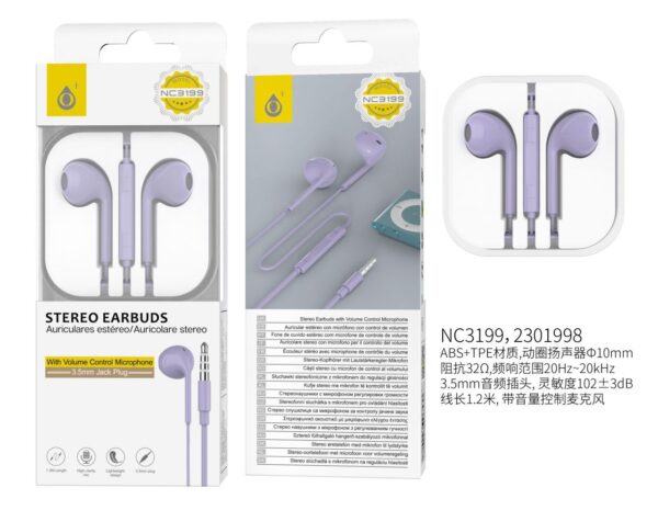 Auriculares con Cable NC3199 MR  Auricular Cajon con Microfono y  Boton multifuncion  1.2m, Morado