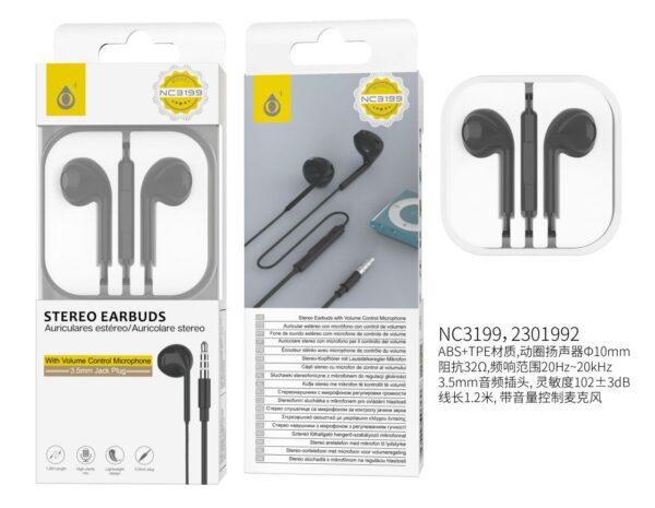 Auriculares con Cable NC3199 NE Auricular  Cajon con Microfono y  Boton multifuncion  1.2m, Negro