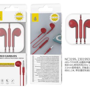 Auriculares con Cable NC3199 RJ  Auricular Cajon  con Microfono y  Boton multifuncion  1.2m, Rojo
