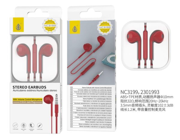 Auriculares con Cable NC3199 RJ  Auricular Cajon  con Microfono y  Boton multifuncion  1.2m, Rojo