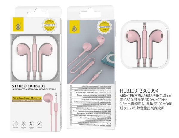 Auriculares con Cable NC3199 RS  Auricular Cajon  con Microfono y  Boton multifuncion  1.2m, Rosa