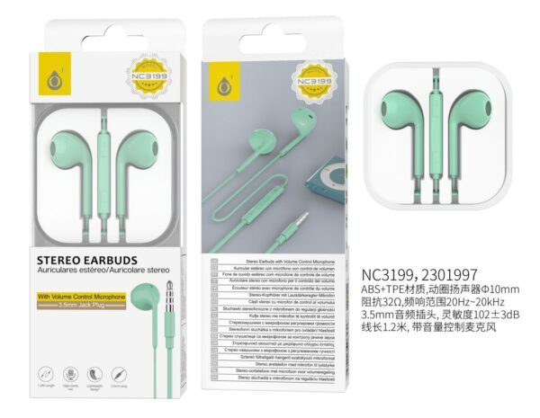 Auriculares con Cable NC3199 VE  Auricular Cajon con Microfono y  Boton multifuncion  1.2m,Verde