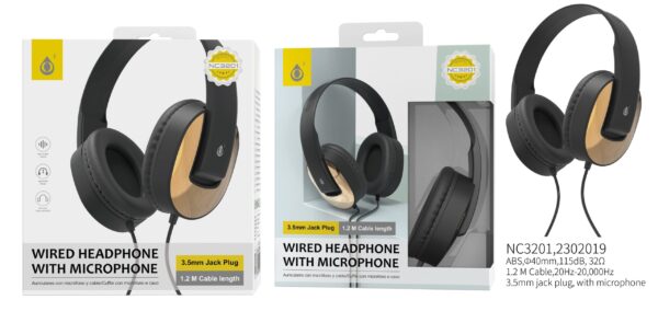 Auriculares Cascos con Cable NC3201 OR Auriculares Casco de cable con Microfono , 3.5mm Jack Plug , 1.2M ,Oro