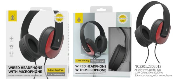 Auriculares Cascos con Cable NC3201 RJ Auriculares Casco de cable con Microfono , 3.5mm Jack Plug , 1.2M ,Rojo