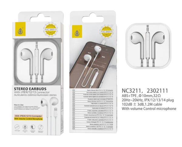 Auriculares Iphone con cable Lightning NC3211 BL Auricular Box, Lightning  con Microfono y  Boton multifuncion（Necesario conectar bluetooth ）, 1.2m, Blanco