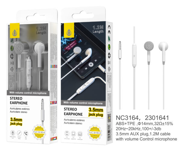 Auriculares con Cable NC3164 BL  Auriculares Nice con Microfono, Boton Multifuncion y Control de Volumen, 1.2M, Blanco