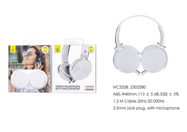 Auriculares Cascos con CableNC3208 BL Auriculares Casco de cable  con Microfono , 3.5mm Jack Plug ,  Cable 1.2M ，Blanco