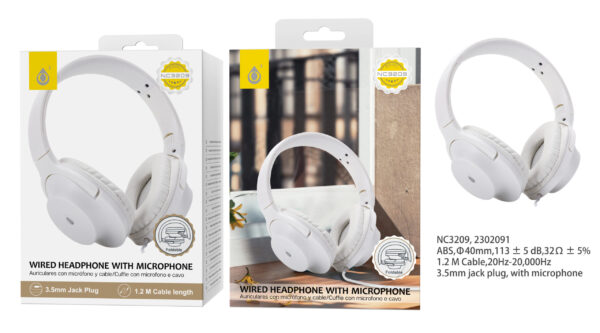 Auriculares Cascos con CableNC3209 BL Auriculares Casco Plegable con cable y Microfono , 3.5mm Jack Plug ,  1.2M ，Blanco