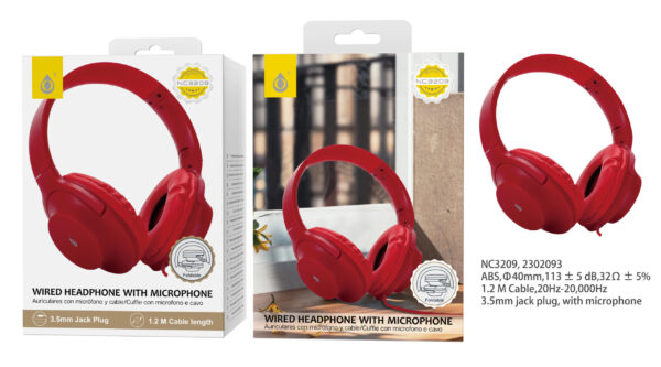 Auriculares Cascos con CableNC3209 RJ Auriculares Casco Plegable con cable y Microfono , 3.5mm Jack Plug , 1.2M ,Rojo