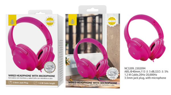 Auriculares Cascos con CableNC3209 RS Auriculares Casco Plegable con cable y Microfono , 3.5mm Jack Plug , 1.2M ,Rosa