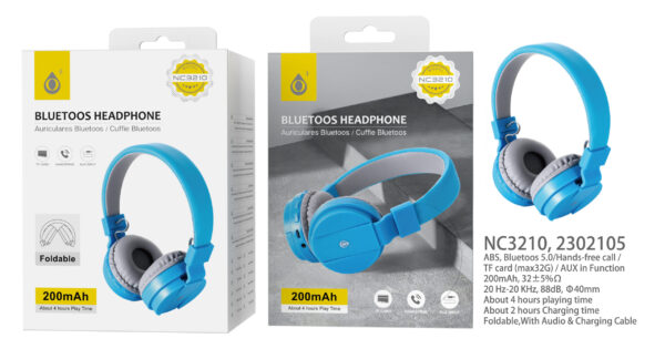 Auriculares Cascos Bluetooth Inalámbricos NC3210 AZ Auriculares Casco  Bluetooth 5.0 Plegable, Manos libres para llamadas  , Bateria 200mAh, TF , Azul