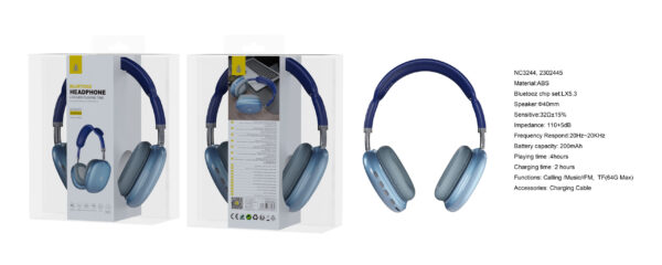 Auriculares Cascos Bluetooth Inalámbricos NC3244 AZ Auricular  Bluetooth 5.3, Soporta Mano libre/FM/TF(64GB Max)/Entrada de Audio, Bateria 200mAh, Azul