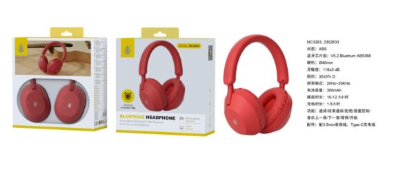 Auriculares Cascos Bluetooth Inalámbricos NC3263 RJ Auricular Bluetooth 5.2, Soporta Mano libreEntrada de Audio, Bateria 300mAh, Rojo