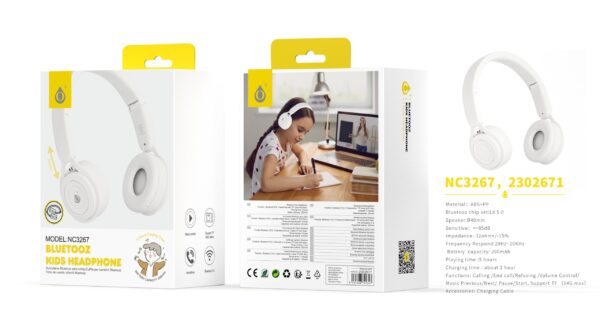Auriculares Cascos Bluetooth Inalámbricos NC3267 BL Auriculares Casco Bluetooth 5.0 Para Ninos con microfono y Botones Multifunciones, Soporta Tarjeta TF(64G), Bateria 200mAh, Blanco - Imagen 2