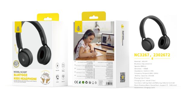 Auriculares Cascos Bluetooth Inalámbricos NC3267 NE Auriculares Casco Bluetooth 5.0 Para Ninos con microfono y Botones Multifunciones, Soporta Tarjeta TF(64G), Bateria 200mAh, Negro - Imagen 2