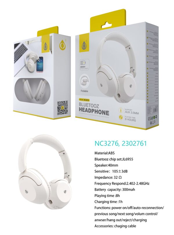 Auriculares Cascos Bluetooth Inalámbricos NC3276 BL Auriculares Casco plegable Moonlight BTS V5.3, Bateria 300mAh, 8h de uso, Soporta a Cable Audio 3.5mm, Blanco - Imagen 2