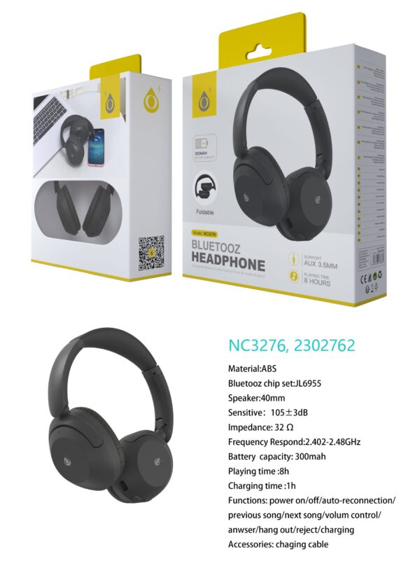 Auriculares Cascos Bluetooth Inalámbricos NC3276 NE Auriculares Casco plegable Moonlight BTS V5.3, Bateria 300mAh, 8h de uso, Soporta a Cable Audio 3.5mm, Negro - Imagen 2