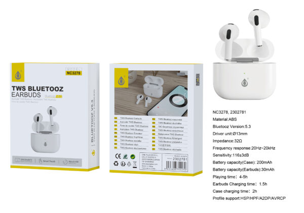 Auriculares Bluetooth Inalambricos estilo Airpods NC3278 BL Auriculares Bluetooth TWS (30mAh*2) con estuche cargable(200mAh), Blanco - Imagen 4