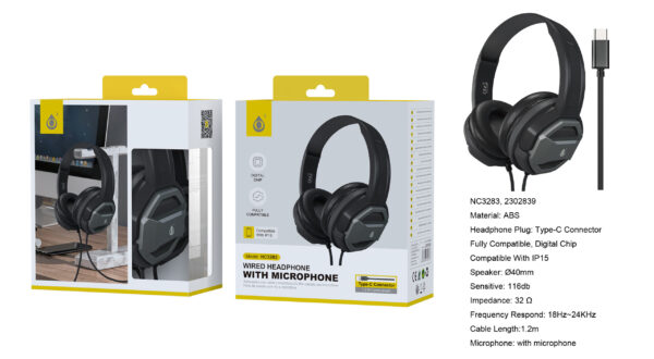 Auriculares Cascos con CableNC3283 GR Auriculares Casco Volker con Cable Type-C y microfono, Cable 1.2m, Gris