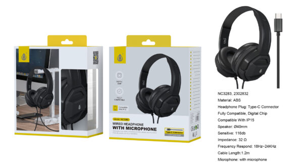 Auriculares Cascos con CableNC3283 NE Auriculares Casco Volker con Cable Type-C y microfono, Cable 1.2m, Negro