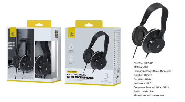 Auriculares Cascos con CableNC3284 NE Auriculares Casco Zelig con Cable y microfono, Conector 3.5mm, Cable 1.2m, Negro