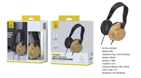 Auriculares Cascos con CableNC3284 OR Auriculares Casco Zelig con Cable y microfono, Conector 3.5mm, Cable 1.2m, Oro