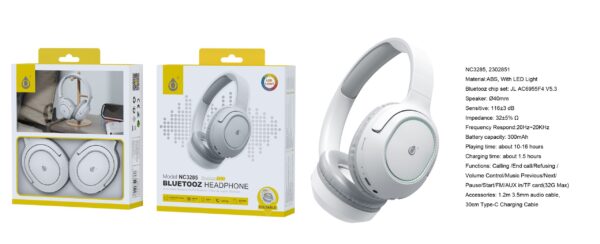 Auriculares Cascos Bluetooth Inalámbricos NC3285 BL Auriculares Casco plegable con luz Led Bluetooth 5.3, Soporta AUX 3.5mm/TF 32G (Max)Bateria 300mAh, Blanco - Imagen 2