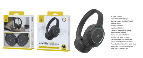 Auriculares Cascos Bluetooth Inalámbricos NC3285 NE Auriculares Casco plegable con luz Led Bluetooth 5.3, Soporta AUX 3.5mm/TF 32G (Max)Bateria 300mAh, Negro - Imagen 2