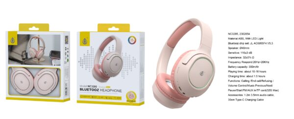Auriculares Cascos Bluetooth Inalámbricos NC3285 RS Auriculares Casco plegable con luz Led Bluetooth 5.3, Soporta AUX 3.5mm/TF 32G (Max)Bateria 300mAh, Rosa - Imagen 2