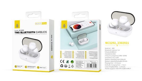 Auriculares Bluetooth Inalambricos estilo Airpods NC3292 BL Auriculares TWS Bluetooth 5.4, Bateria (25mAh*2)Con Estuche Recargable 200mAh, Blanco - Imagen 2