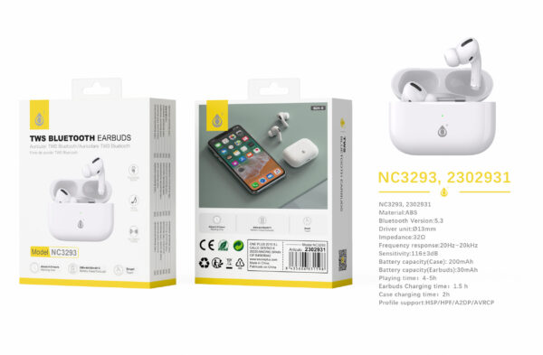 Auriculares Bluetooth Inalambricos estilo Airpods NC3293 BL Auriculares TWS Bluetooth 5.3, Bateria (30mAh*2) Con Estuche Recargable 200mAh, Blanco