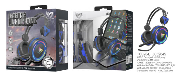 Auriculares Cascos Gaming TC3204 AZ+NE Auriculares Casco Gaming con Microfono y Control de volumen, Cable 2,1 M, Adaptador Audio Jack 2en 1 incluido, , Luz RGB, Azul+Negro