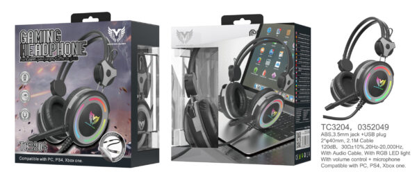 Auriculares Cascos Gaming TC3204 GR+NE Auriculares Casco Gaming con Microfono y Control de volumen, Cable 2,1 M, Adaptador Audio Jack 2en 1 incluido, , Luz RGB, Gris+Negro